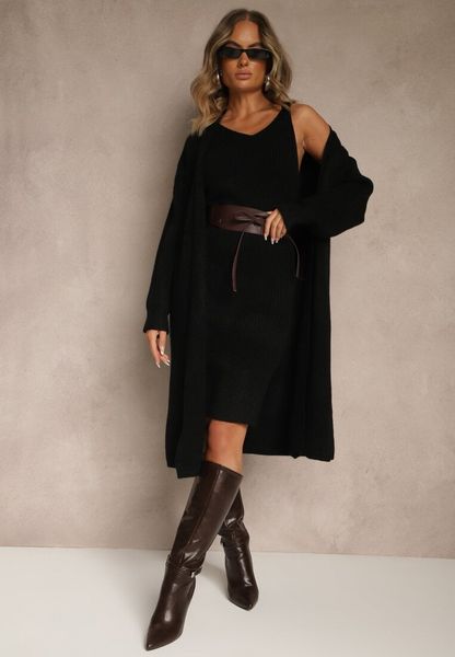 Czarny Dzianinowy Komplet z Wełną Prążkowana Sukienka i Długi Kardigan Falonessa. Czarne kardigany Renee, bez wzorów, z dzianiny. Za 159.99 zł.