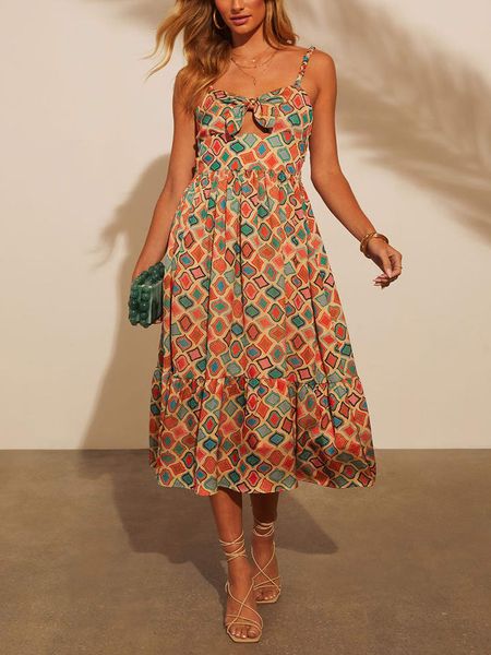 Milan Kiss Sukienka w kolorze beżowo-zielono-pomarańczowym rozmiar: S. Brązowe sukienki Milan Kiss, s, bez wzorów, z wiskozy, bez kołnierzyka, bez ramiączek, midi. Za 144.24 zł.