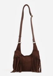 Brązowa Torebka w Stylu Boho z Imitacji Zamszu Ozdobiona Frędzlami na Długim Pasku na Ramię Megorre. Brązowe torby na ramię Renee, bez wzorów, z jeansu, boho, na ramię, bez dodatków. Za 119.99 zł.