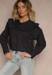 Czarna Koszula z Bawełny w Stylu Retro z Wiązaniem i Kołnierzykiem z Falbankami Firsela. Czarne koszule Renee, z aplikacjami, z bawełny, klasyczne, bez kołnierzyka, bez ramiączek. Za 89.99 zł.