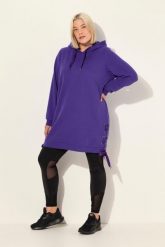 Damskie Długa bluza z kapturem tasiemka satynowa kaptur długi rękaw. Fioletowe bluzy Ulla Popken, plus size, bez wzorów, z bawełny, z kapturem. Za 279.99 zł.