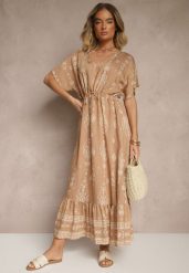 Ciemnobeżowa Rozkloszowana Sukienka z Falbanką w Print Boho z Wiskozą Tunova. Brązowe sukienki Renee, na co dzień, l, bez wzorów, z wiskozy, boho, bez kołnierzyka, bez ramiączek, maxi, rozkloszowane. Za 64.99 zł.
