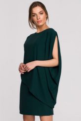 Elegancka sukienka mini z asymetryczną falbaną drapowana zielona. Zielone sukienki Sukienki.shop, na imprezę, xl, bez wzorów, eleganckie, z asymetrycznym kołnierzem, bez ramiączek, mini, asymetryczne. Za 349.00 zł.