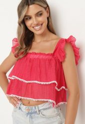 Fuksjowy Top na Ramiączkach z Możliwością Odpięcia Ozdobiony Falbanką Neveviana. Czerwone topy Born2be, s, bez wzorów, bez kołnierzyka, bez ramiączek. Za 39.99 zł.