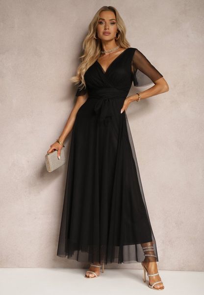 Czarna Siateczkowa Sukienka z Kopertowym Dekoltem Wiązana w Talii Niblea. Czarne sukienki Renee, s, bez wzorów, klasyczne, bez kołnierzyka, bez ramiączek, maxi, kopertowe. Za 89.99 zł.