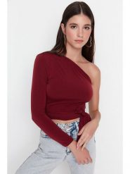 Trendyol Bluzka w kolorze bordowym rozmiar: XS. Czerwone bluzki Trendyol, xs, bez wzorów, bez kołnierzyka, bez ramiączek. Za 28.44 zł.