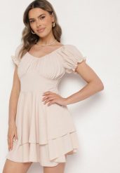 Beżowa Sukienka z Bawełną Bufiastymi Rękawami i Falbankami Maveleira. Brązowe sukienki Born2be, na spotkanie biznesowe, l, bez wzorów, z bawełny, eleganckie, bez kołnierzyka, bez ramiączek, mini. Za 49.99 zł.