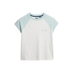 T-shirt z bawełny organicznej z rękawami raglanowymi i logo dla kobiet Superdry. Niebieskie t-shirty Superdry, bez wzorów, z bawełny, bez kołnierzyka, bez ramiączek. Za 110.70 zł.