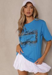 Niebieski T-shirt z Bawełny Zdobiony Nadrukiem z Cyrkoniami Idelunea. Niebieskie t-shirty Renee, m, z aplikacjami, z bawełny, bez kołnierzyka, bez ramiączek. Za 34.99 zł.
