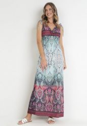 Bordowo-Niebieska Rozkloszowana Sukienka Maxi z Cienkimi Gumkami w Pasie i Kopertowym Dekoltem Clothilda. Niebieskie sukienki Born2be, na lato, l, bez wzorów, bez kołnierzyka, bez ramiączek, maxi, kopertowe. Za 69.99 zł.