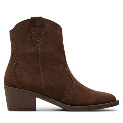 Kowbojki Tamaris. Brązowe botki Tamaris, bez wzorów, bez obcasa, na słupku, bez zapięcia. Za 509.99 zł.