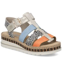 Skórzane sandały damskie na koturnie Rieker V7904-90. Sandały Rieker, bez wzorów, ze skóry ekologicznej, bez obcasa, na koturnie, bez zapięcia. Za 349.00 zł.