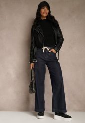 Niebieskie Jeansy z Bawełny High Waist z Ozdobną Sznurówką w Pasie Ohirvyra. Niebieskie jeansy Renee, l, bez wzorów, z podwyższonym stanem. Za 99.99 zł.