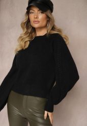 Czarny Sweter z Wiskozą i Splotem w Stylu Warkocz z Półgolfem Sinithia. Czarne swetry Renee, na zimę, bez wzorów, z wiskozy, bez ramiączek. Za 99.99 zł.