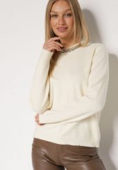 Biały Sweter z Dodatkiem Kaszmiru Ozdobiony Cekinami i Cyrkoniami Vetimona. Białe swetry Born2be, z aplikacjami, z jeansu, bez ramiączek. Za 89.99 zł.