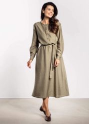 Sukienka rozkloszowana z długim rękawem i paskiem zielona. Zielone sukienki Infinite You, do pracy, l, bez wzorów, biznesowe, bez kołnierzyka, bez ramiączek, koszulowe. Za 349.00 zł.