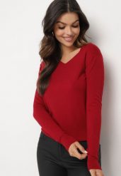 Bordowy Sweter z Bawełną i Dekoltem w Serek Etarevia. Czerwone swetry Born2be, bez wzorów, z bawełny, bez ramiączek. Za 34.99 zł.