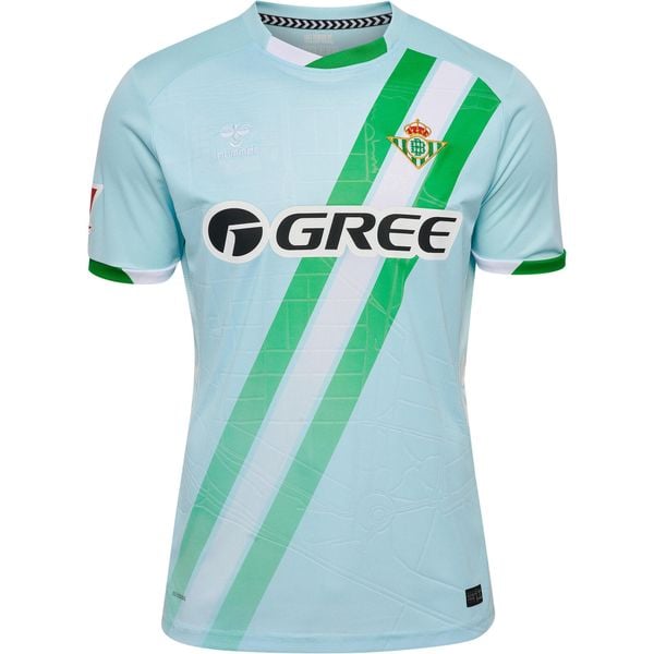 Zewnętrzna koszulka klubu Real Betis Sewilla 2025/26. Niebieskie bluzki Hummel, bez wzorów, sportowe, bez kołnierzyka, bez ramiączek. Za 350.50 zł.