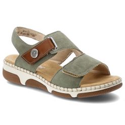 Sandały damskie Rieker, cholewka ze skóry ekologicznej zapinane na rzep z materiałowym wnętrzem, zielone, 66280-52. Zielone sandały Rieker, bez wzorów, z materiału, eleganckie, bez obcasa, bez zapięcia. Za 319.00 zł.