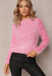 Różowy Sweter z Puchatego Gładkiej Materiału z Okrągłym Dekoltem i Długim Rękawem Klarrilo. Czerwone swetry Renee, na jesień, bez wzorów, z elastanu, bez ramiączek. Za 64.99 zł.