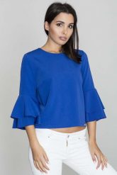 Niebieska Krótka Bluzka z Rozkloszowanymi Rękawami. Niebieskie bluzki Figl, l, bez wzorów, z materiału, bez kołnierzyka, bez ramiączek. Za 189.00 zł.