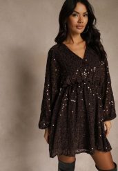 Brązowa Rozkloszowana Sukienka z Długimi Rękawami Zdobiona Cekinami Reisena. Brązowe sukienki Renee, l, z aplikacjami, z poliesteru, eleganckie, bez kołnierzyka, bez ramiączek, mini, rozkloszowane. Za 169.99 zł.