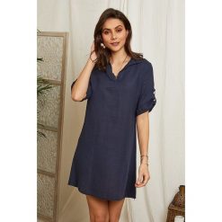 Lin Passion Lniana sukienka w kolorze granatowym rozmiar: 34/36. Niebieskie sukienki Lin Passion, bez wzorów, ze lnu, klasyczne, bez kołnierzyka, bez ramiączek, mini. Za 136.45 zł.