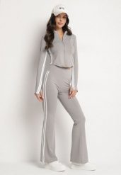 Jasnoszary Komplet Sportowy Rozpinana Bluza i Spodnie Typu Dzwony Lumoreina. Szare bluzy Born2be, s, z aplikacjami, bez kaptura. Za 139.99 zł.