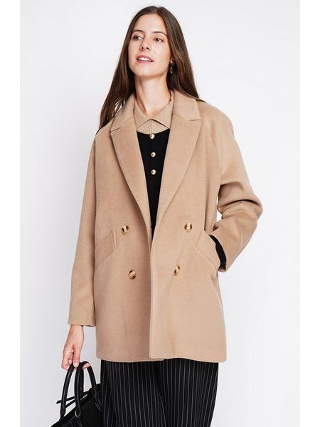 ASSUILI Płaszcz przejściowy w kolorze beżowym rozmiar: 34. Brązowe płaszcze Assuili, bez wzorów, z wełny, bez kaptura. Za 421.67 zł.