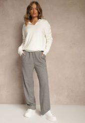 Jasnoszare Spodnie High Waist z Gumką i Troczkami w Pasie Rallena. Szare spodnie materiałowe Renee, na co dzień, l, bez wzorów, z jeansu, z podwyższonym stanem. Za 89.99 zł.