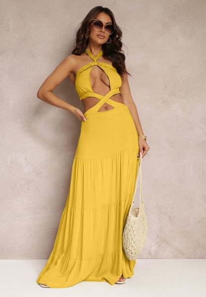 Żółta Rozkloszowana Sukienka z Wiskozy z Wiązaniem i Wycięciami Kailen. Żółte sukienki Renee, m, bez wzorów, z wiskozy, z asymetrycznym kołnierzem, bez ramiączek, maxi, asymetryczne. Za 169.99 zł.