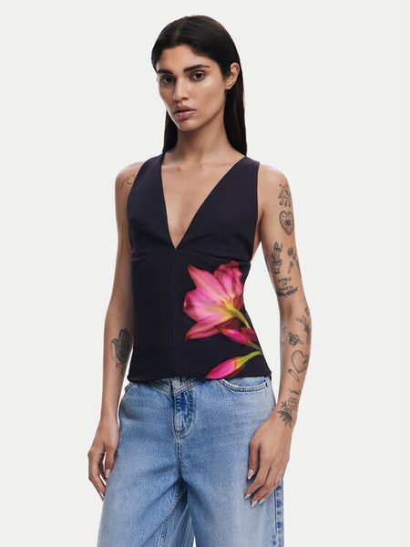 Desigual Bluzka 25SWBW09 Czarny Regular Fit. Czarne bluzki Desigual, s, bez wzorów, z syntetyku, bez kołnierzyka, bez ramiączek. Za 189.99 zł.