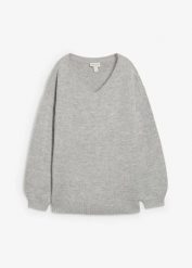 Sweter z dekoltem w serek. Niebieskie swetry bonprix, bez wzorów, bez ramiączek. Za 97.99 zł.