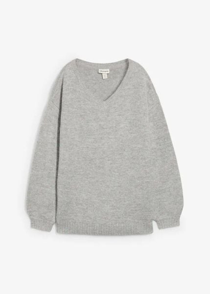 Sweter z dekoltem w serek. Niebieskie swetry bonprix, bez wzorów, bez ramiączek. Za 97.99 zł.