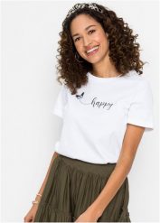 T-shirt z czystej bawełny z nadrukiem. Czarne t-shirty bonprix, bez wzorów, z bawełny, bez kołnierzyka, bez ramiączek. Za 39.99 zł.