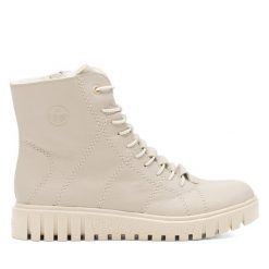 Botki Rieker. Brązowe botki Rieker, bez wzorów, bez obcasa, na płaskiej podeszwie, bez zapięcia. Za 389.99 zł.