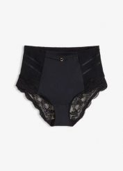Figi shape z koronką o średnim stopniu modelowania. Czarne figi bonprix, bez wzorów, z koronki. Za 74.99 zł.