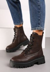 Brązowe Masywne Botki Trapery na Platformie w Stylu Militarnym Verola. Brązowe botki Born2be, bez wzorów, z dzianiny, bez obcasa, na platformie, bez zapięcia. Za 159.99 zł.