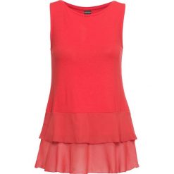 Top z falbanami bonprix truskawkowy. Czerwone topy bonprix, bez wzorów, z szyfonu, bez kołnierzyka, bez ramiączek. Za 44.99 zł.