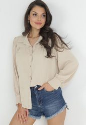 Beżowa Koszula z Bufiastym Rękawem i Marszczeniem Elissa. Brązowe koszule Born2be, bez wzorów, z satyny, eleganckie, bez kołnierzyka, bez ramiączek. Za 74.99 zł.