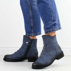 Niebieskie płaskie botki damskie Jezzi asa252-5. Niebieskie botki Jezzi, na jesień, bez wzorów, ze skóry, bez obcasa, na obcasie, bez zapięcia. Za 249.00 zł.