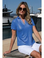 Bleu d'Azur Koszulka "Robin" w kolorze niebieskim rozmiar: 44. Niebieskie bluzki Bleu d'Azur, w ażurowe wzory, klasyczne, bez kołnierzyka, bez ramiączek. Za 154.07 zł.