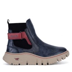 Botki Mustang. Niebieskie botki Mustang, bez wzorów, bez obcasa, na płaskiej podeszwie, bez zapięcia. Za 369.99 zł.