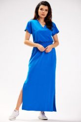 Długa sukienka z krótkim rękawem i gumą w pasie chaber. Sukienki Infinite You, xl, bez wzorów, z gumy, bez kołnierzyka, bez ramiączek, maxi. Za 259.00 zł.