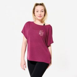 Koszulka z krótkim rękawem do tańca nowoczesnego damska Starever. Fioletowe bluzki DOMYOS, xl, bez wzorów, z lyocellu, eleganckie, bez kołnierzyka, bez ramiączek. Za 64.99 zł.