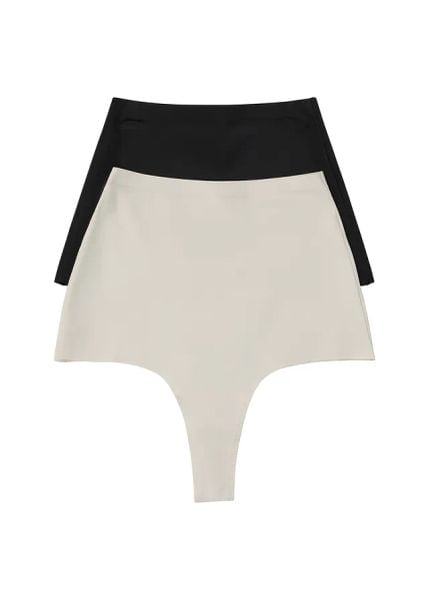 Stringi shape bezszwowe, średni stopień modelowania sylwetki (2 pary). Czarne stringi bonprix, bez wzorów. Za 77.99 zł.