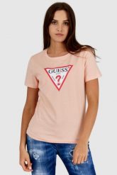 GUESS Brzoskwiniowy t-shirt damski z trójkątnym logo, Rozmiar M. Brązowe t-shirty Guess, m, z aplikacjami, bez kołnierzyka, bez ramiączek. W wyprzedaży za 89.99 zł.