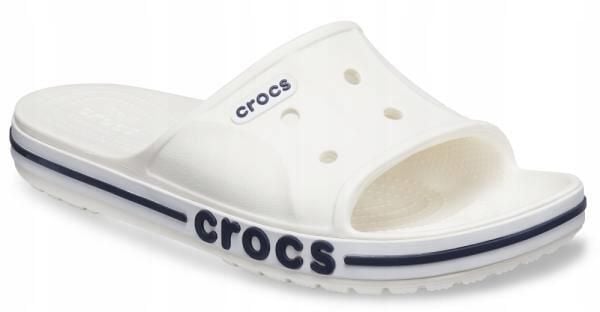 Klapki Dla Dorosłych Crocs Bayaband Slide. Białe klapki Crocs, bez wzorów, z materiału, bez obcasa. Za 119.99 zł.