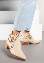 Beżowe Botki Kowbojki na Słupku Ozdobione Nitami i Wycięciem Eleawena. Brązowe botki Renee, bez wzorów, z jeansu, bez obcasa, na obcasie, bez zapięcia. Za 139.99 zł.