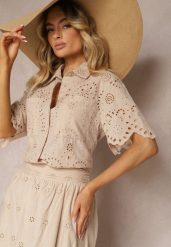 Jasnobeżowa Bawełniana Koszula z Haftowanej Tkaniny Zapinana na Guziki z Kieszeniami Tesanora. Brązowe koszule Renee, l, bez wzorów, z bawełny, biznesowe, bez kołnierzyka, bez ramiączek. Za 109.99 zł.